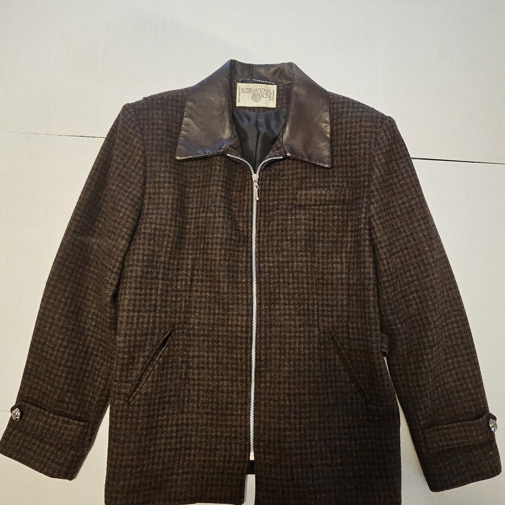 Vintage Wool Houndstooth Jacket with Leather Collar